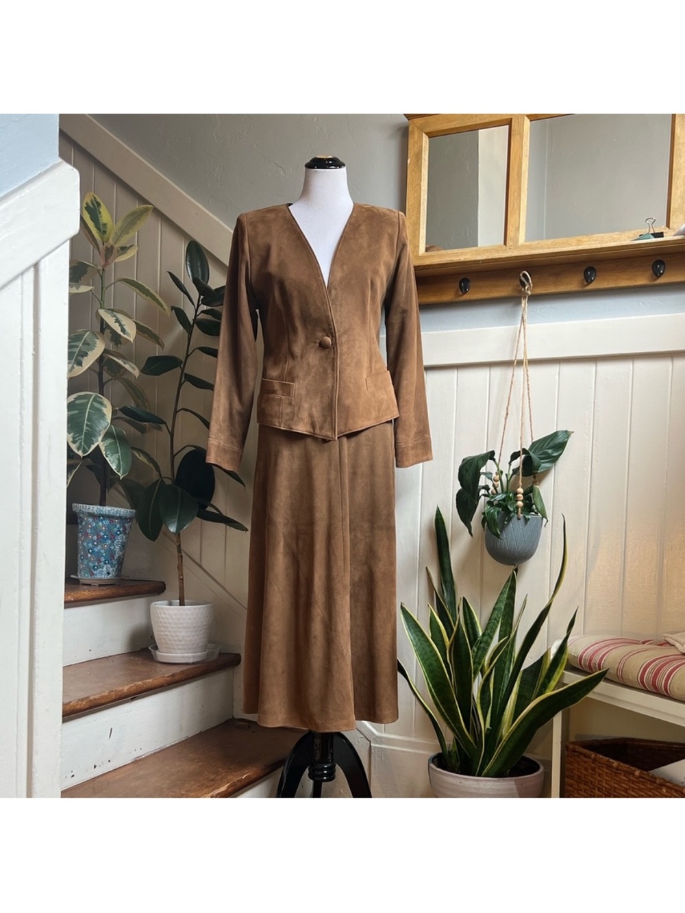 Sherry Michaels for Wilkes Bashford VTG Suede Jacket and Skirt Set Cognac Brown